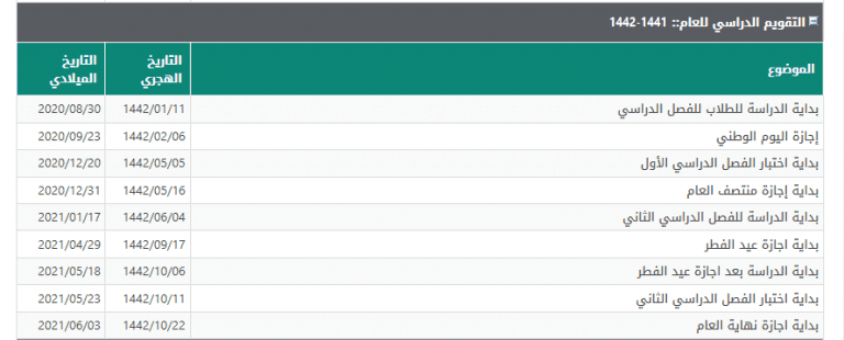 التقويم الدراسي 1441